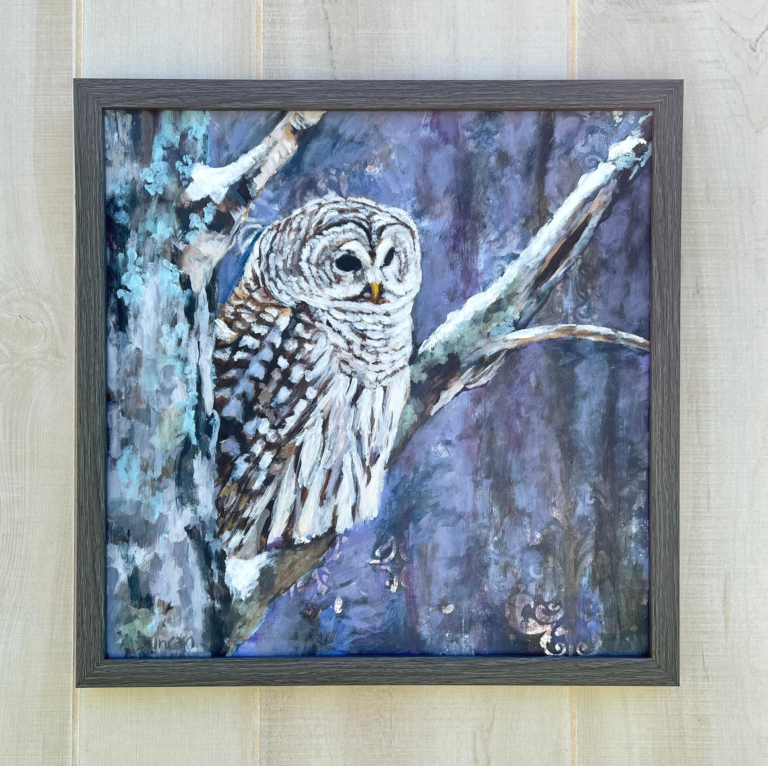 Owl In Snow, Painting of a Barred Owl, Owl Wall Art, Boho Owl Art Painting, Bird Lover Art, Owl Love