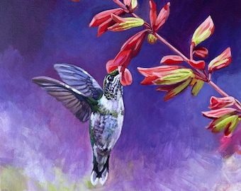 Peinture colibri, art mural petit oiseau, toile colibri, colibri violet, art ornithologique, art de collectionneur d'oiseaux, cadeau de fête des mères