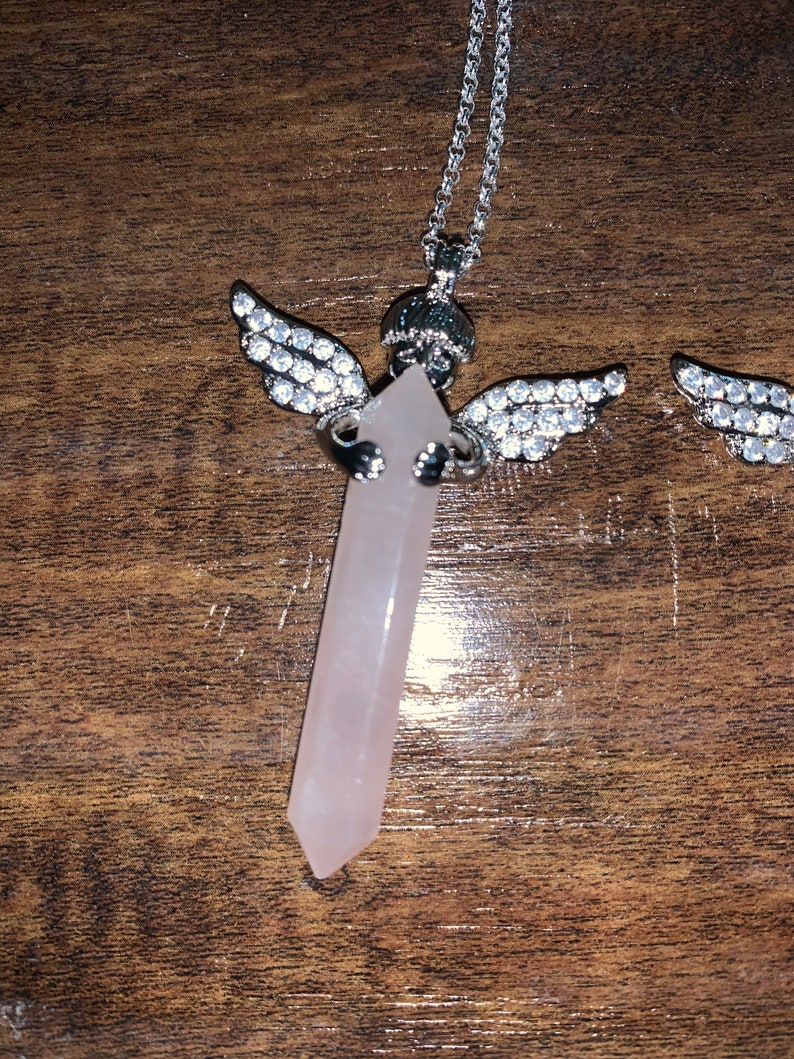 Rose Quartz Crystal Angel pendant on a sterling silver 18\u201d chain\u2022Crystal Necklace\u2022Crystal Point\u2022Rose Quartz\u2022