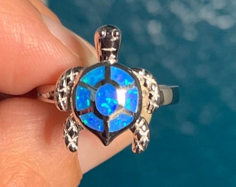 Sterling Silver Turtle Blue Lab Opal Ring casing• Size 6