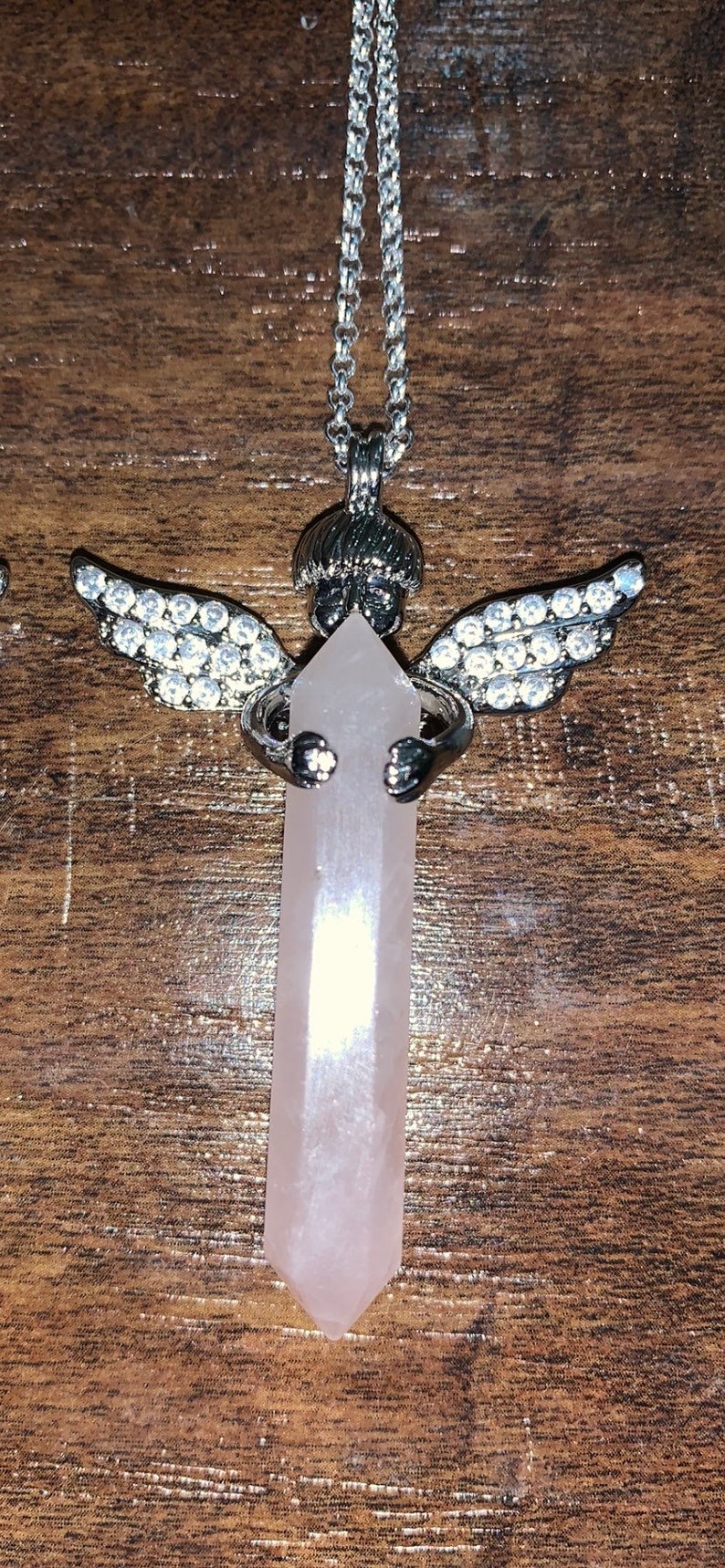 Rose Quartz Crystal Angel pendant on a sterling silver 18\u201d chain\u2022Crystal Necklace\u2022Crystal Point\u2022Rose Quartz\u2022