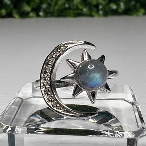 Moon and Sun Aqua Aura Quartz Ring • adjustable white copper band