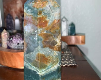 Moss agate tower • heart chakra • 5” tall • 1 lb 1.8 oz