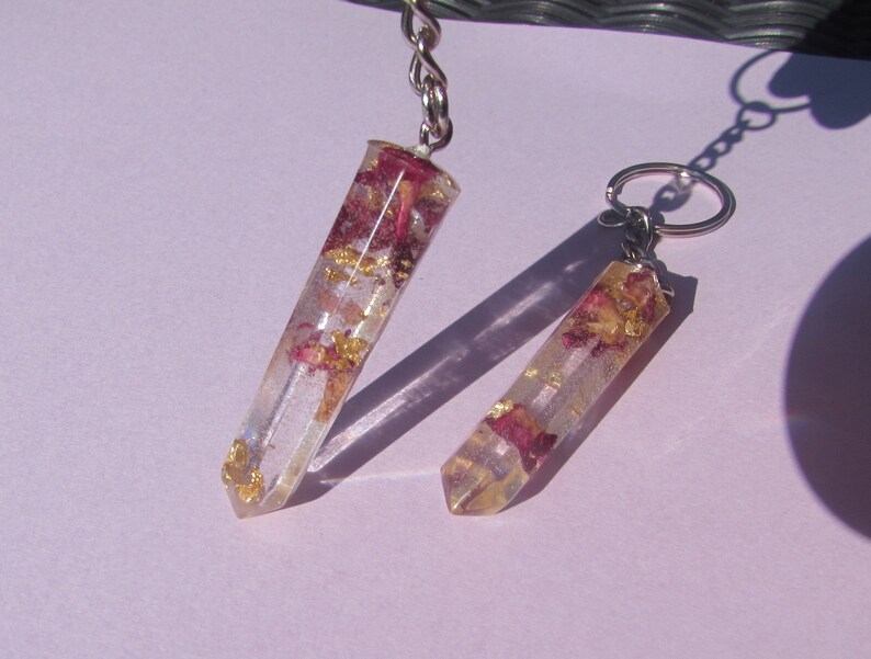 Real rose petals and gold foil resin crystal shape keychain keyring