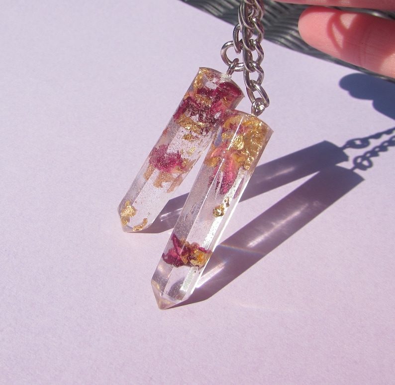 Real rose petals and gold foil resin crystal shape keychain keyring