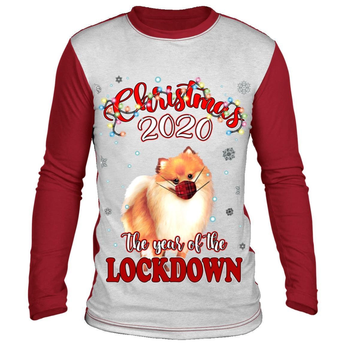 Image of Christmas Pomeranian Dog Long Sleeve Shirt, Quarantine 2020 Lockdown Raglan Gift, Cute Wearing Face Mask Lights