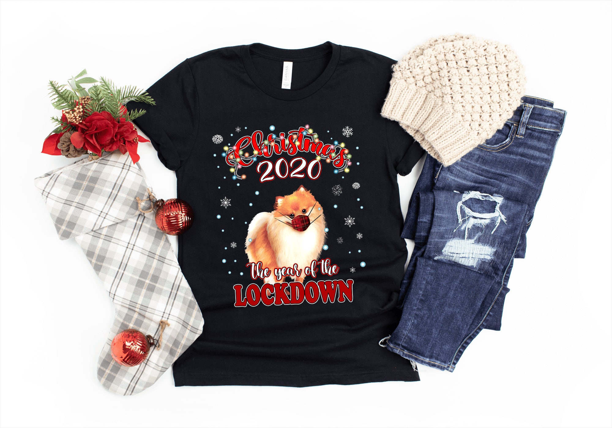 Image of Christmas Pomeranian Dog Shirt, Quarantine 2020 Lockdown T-Shirt Gift, Cute Wearing Face Mask Lights