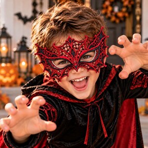 May include: A red and black lace masquerade mask with a bat-like wing design, worn with a black velvet hooded cape featuring red lining. The mask has intricate filigree patterns and covers the eye area, creating a dramatic look for the costume.