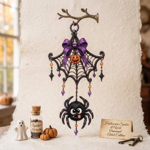 Op de afbeelding: Een hangend Halloween-ornament met een zwarte spin die aan een webstructuur hangt, voorzien van een paarse strik en een kleine oranje pompoen. Het ornament is versierd met oranje en paarse kralen. Een kaartje vermeldt: Halloween Spider & Web Ornament - Artist Edition.