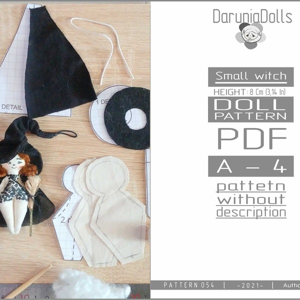 DIY Halloween gift. Little Witch Pattern for Halloween PDF. Rag doll, miniature toy, cloth doll, primitive toy. Halloween decoration.