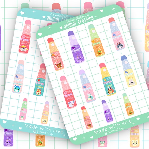 Animal Crossing drink sticker sheets | Cute Japanese drinks animal crossing characters, artwork, print, Diana, Marshal, Stitches