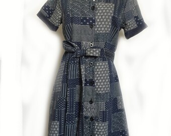 Jayne Dress | Shirt Dress with Bow tie | Unique Demin Pattern in dark Navy| Front Button line I Premium Cotton | Bespoke I Tailored Outfit