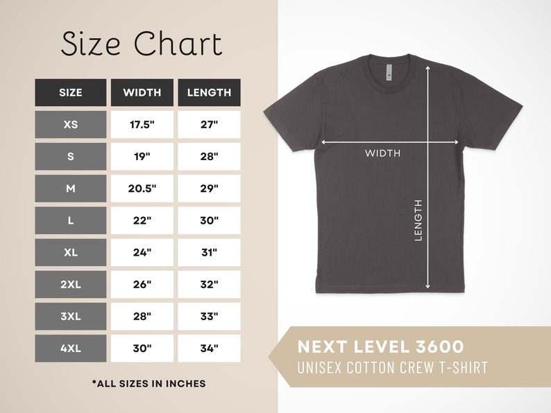 Op de afbeelding: Maattabel voor een unisex katoenen crew t-shirt, met afmetingen in inches voor maten XS tot 4XL. De tabel toont de breedte en lengte van het shirt in inches.
