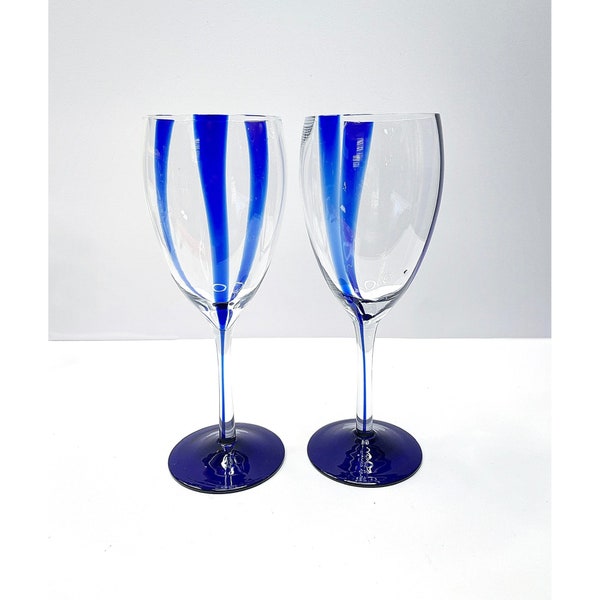 Set of Two Pier 1 Blue Swirl/Stripe Wine Glasses 2007 Discontinued