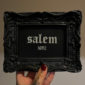 Può includere: Un ricamo a punto croce incorniciato in nero con ricami bianchi che recitano "Salem 1692".