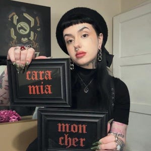 May include: Two black framed cross-stitch pieces with red embroidery. The top piece says "cara mia" and the bottom piece says "mon cher".