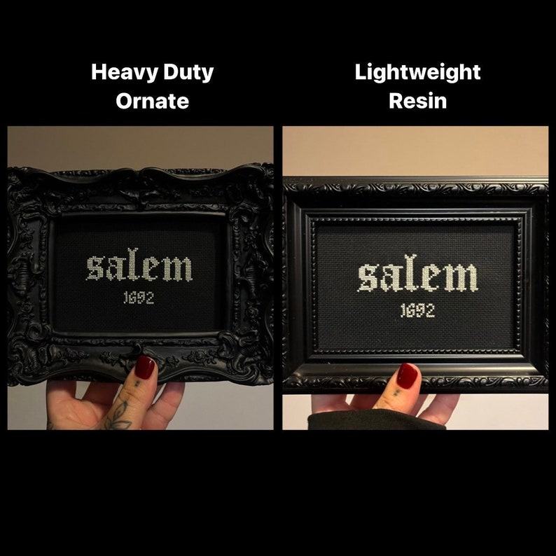 May include: Two black picture frames with ornate detailing, one with a heavier duty frame and the other with a lightweight resin frame. Both frames contain black fabric with white embroidery that reads "salem 1692".