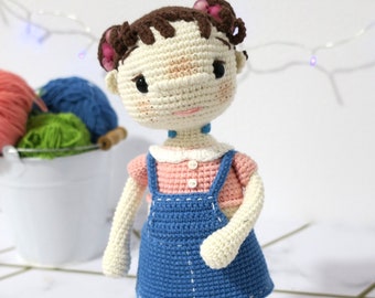 Crochet girl doll, amigurumi doll, doll in denim dress, knitted colection doll, baby girl doll perfect gift for her mather day gift art doll