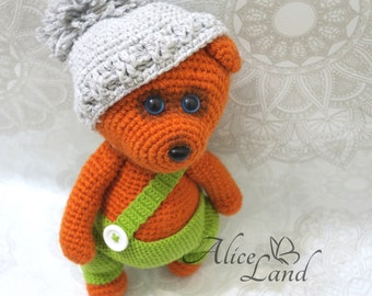 Big orange bear, crochet bear, crochet bear in green pans, bear in gray hat, hame decor crochet toy, knitted beartoy, newborn gift, art toy