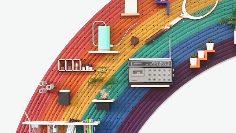 Giant rainbow pegboard colourful wall shelf image 5