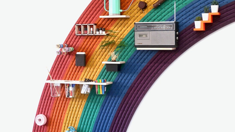 Giant rainbow pegboard colourful wall shelf image 3