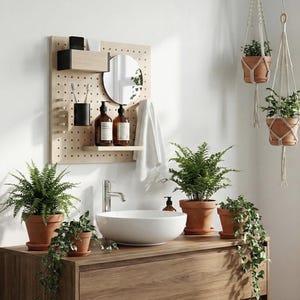 Pegboard Salle de Bains taille S - Panneau perforé mural en bois sur-mesure - rangement salle de bain cosmétiques - Étagère modulable Aire