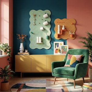 Pasteloranje gebogen prikbord - Afgerond houten geperforeerd paneel - Modulaire wandplank voor slaapkamer of kantoor - Pastel design opbergruimte