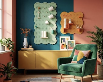 Pasteloranje gebogen prikbord - Afgerond houten geperforeerd paneel - Modulaire wandplank voor slaapkamer of kantoor - Pastel design opbergruimte
