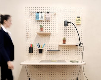 Modular wall-mounted desk for pegboards - Space-saving home office desk - Wooden pegboard