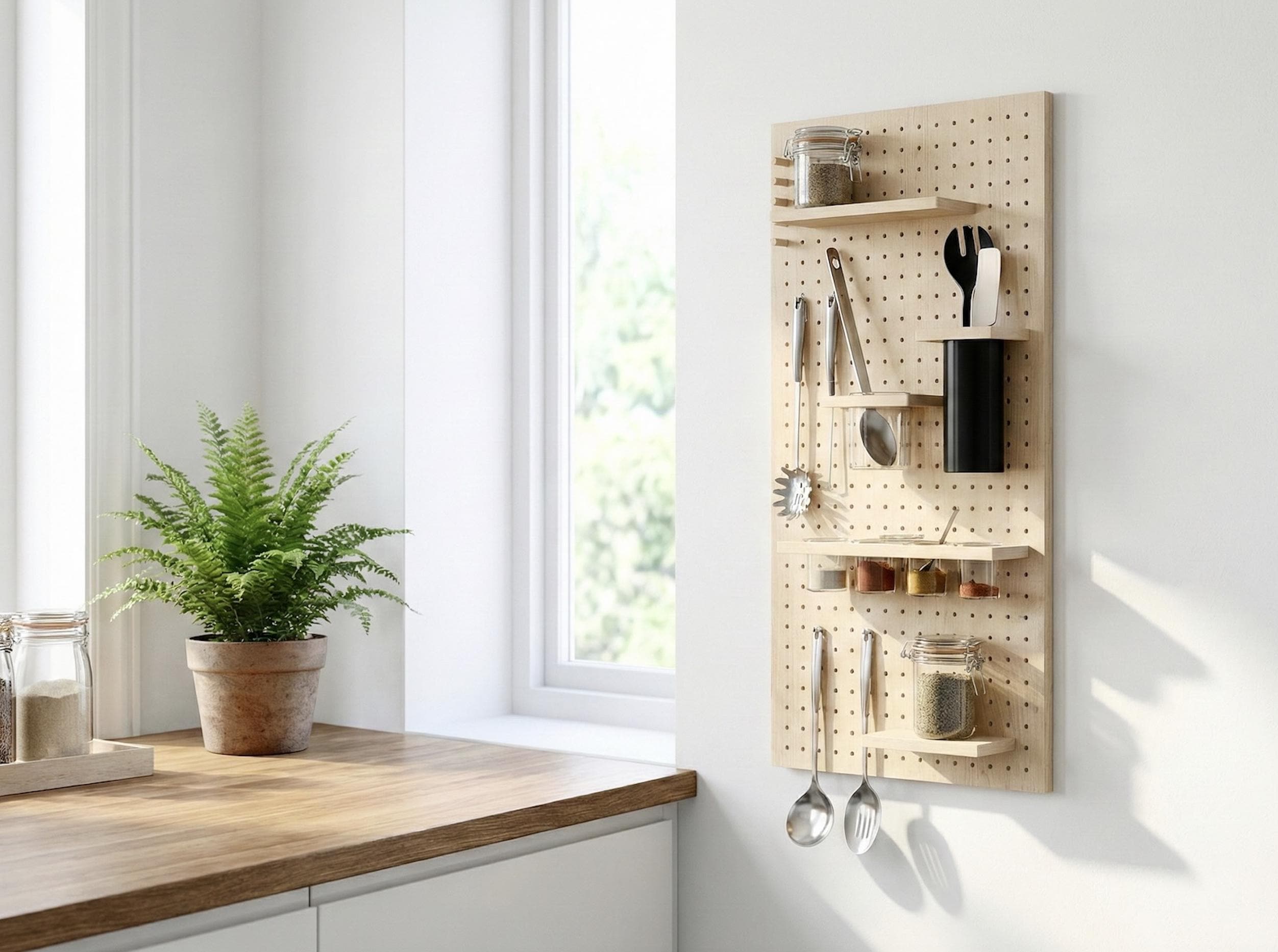 Pegboard Cuisine Taille M - Panneau Perforé Mural En Bois Sur-Mesure Rangement Cuisine Ustensiles Épices Étagère Modulable Aire