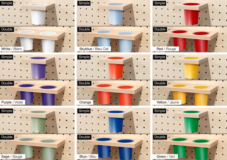 May include: A set of wall-mounted organizers for cups or small items. The organizers come in two styles: single and double. The organizers are available in a variety of colors, including white, sky blue, red, purple, orange, yellow, sage green, blue, and green.
