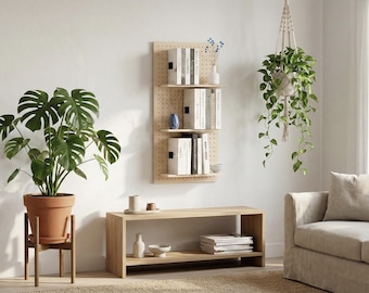 Estantería de madera con tablero perforado, tamaño M - Tablero perforado de madera hecho a medida para montaje en pared - Almacenamiento de libros, estante de lectura - Unidad de estantería modular