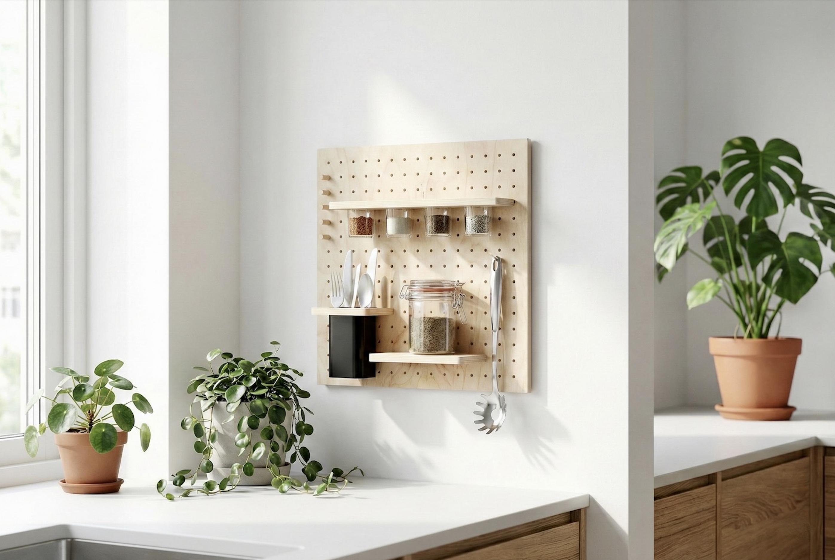 Pegboard Cuisine Taille S - Panneau Perforé Mural En Bois Sur-Mesure Rangement Cuisine Ustensiles Épices Étagère Modulable Aire