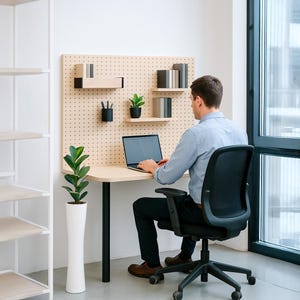 Peut inclure: Un bureau à domicile moderne avec un ordinateur portable sur un bureau, un organisateur mural perforé et une grande plante blanche. Une personne est assise au bureau. La pièce a un design minimaliste avec une étagère blanche et une grande fenêtre.