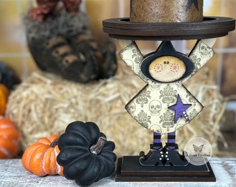 Charming Witch Candle Holder for Farmhouse Vibes, Halloween Decor, Wooden Candle Holder