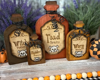 Rustic Farmhouse Halloween Poison Bottle Decor Set - Spooky Vintage Charm, Wooden Halloween Decor, Wooden Poison Bottles