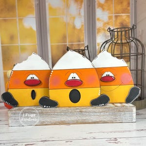 Chunky Wood Candy Corn Trio – Hand Painted Distressed Halloween Shelf Sitters with Fun Faces