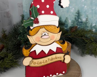 Wooden Christmas Elf Shelf Sitter, Hand Painted Holiday Decor
