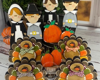 Rustic Thanksgiving Farmhouse Decor - Adorable Pilgrim Shelf Sitters and Turkey