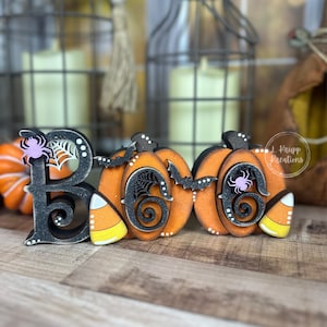 Whimsical Halloween Boo Chunky Shelf Decor with Pumpkins and Candy Corn - Farmhouse Chic Style