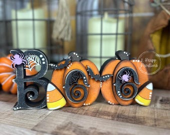 Whimsical Halloween Boo Chunky Shelf Decor with Pumpkins and Candy Corn - Farmhouse Chic Style