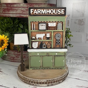 Mini Farmhouse Hutch Decor – Hand Painted Wooden Hutch for Tiered Tray or Shelf – Rustic Dollhouse Furniture – Country Kitchen Decor
