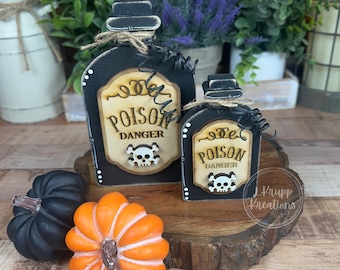 Rustic Farmhouse Halloween Poison Bottle Decor Set - Spooky Vintage Charm, Wooden Halloween Decor, Wooden Poison Bottles