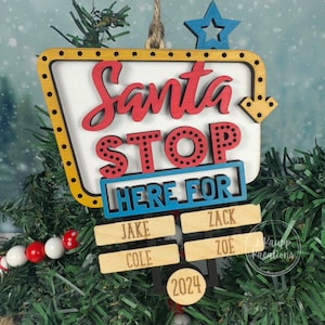Personalized Santa Stop Here Ornament – Custom Family Name Wood Ornament