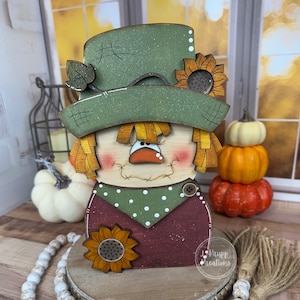 Charming Chunky Wooden Girl Scarecrow Shelf Sitter for Fall Farmhouse Vibes