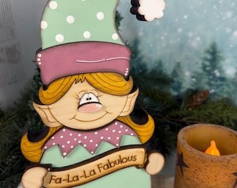 Vintage Christmas Elf Shelf Sitter, Hand Painted Wooden Holiday Decor