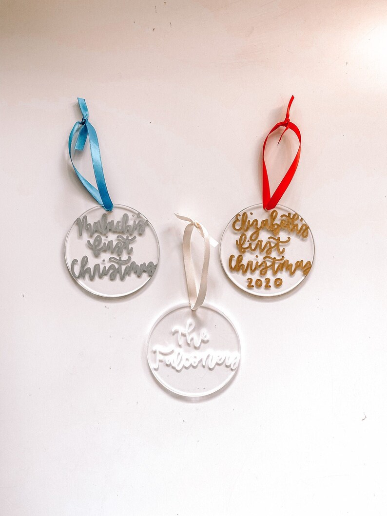 Christmas Decor Place Cards Clear Acrylic 3 Ornaments With Custom Lettering Name Plates