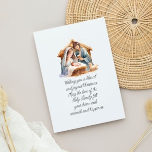 Afdrukbare kerststal kerstkaart Instant Download Heilige Familie kerstkaart Katholieke wenskaarten Religieuze afdrukbare kerstkaart