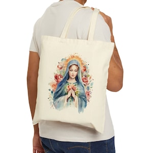 Jungfrau Maria Tragetasche | Mutter Maria Tragetasche | Baumwolltasche | Katholische Geschenktasche | Christliches Geschenk | Religiöse Tasche |