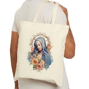 Jungfrau Maria Tragetasche | Mutter Maria Tragetasche | Baumwolltasche | Katholische Geschenktasche | Christliches Geschenk | Religiöse Tasche |